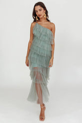 Arrabel Tiered Ruffle Tulle Maxi Dress Sage