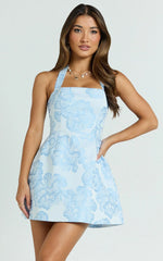 Gabbie Mini Dress Jacquard Halter Fit And Flare Dress in Blue