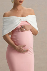 Libra | Pink & White Bow Bardot Maternity Maxi Dress