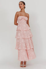 Provence Bloom Tiered Maxi Dress Jacquard Pink