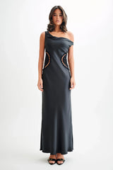Kristina Satin Maxi Dress With Crochet - Black
