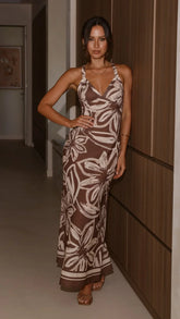 Briana Halter Maxi Dress - Chocolate Floral