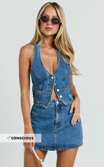 Walton Skort - Mid Waisted Recycled Denim Skort in Dark Blue Wash