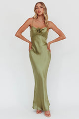 High Roller Cowl Back Rosette Maxi Dress Olive