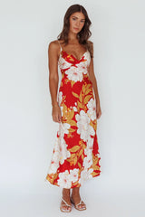 Infinity Pintuck Bust Midi Dress Flower Red