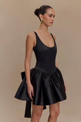 Felicia Satin Mini Dress With Bow - Black