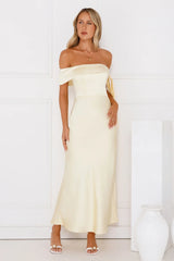 The Hype Off Shoulder Satin Midi Dress Yellow