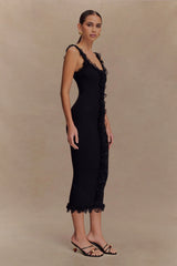Shay Lace Ruffle Knit Midi Dress - Black