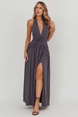 Italia Azure Gathered Waist Maxi Dress Charcoal