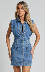 Jasse Mini Dress - Hardware Button Through Denim Dress in Mid Blue Wash