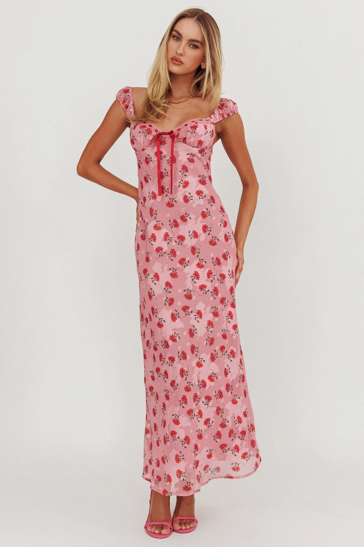 Femme Belle Ribbon Trim Maxi Dress Floral Pink