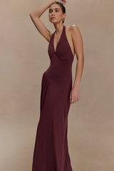 Yelena Ruched Halter Maxi Dress - Mahogany