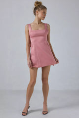 UO Bri Double Bow Satin Mini Dress Cinder Rose