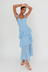 Veda Ruffle Strap Split Maxi Dress Blue