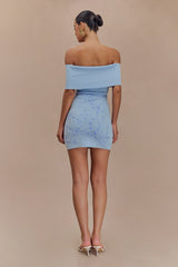 Mallory Off Shoulder Embroidered Knit Mini Dress - Ice Blue
